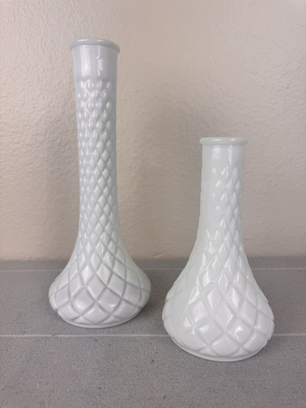Vintage Hoosier Milk Glass Vase Set Of 2 Quilted Diamond White 6” 4062/9” 4092